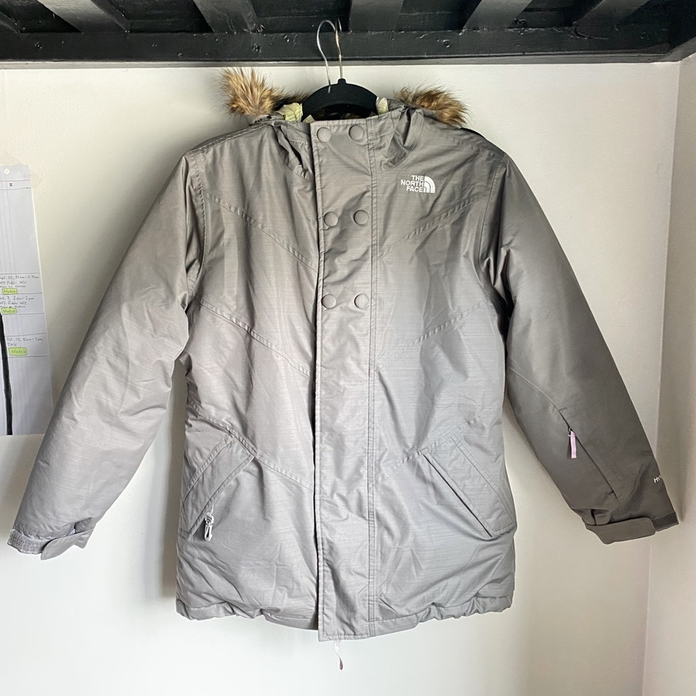 Teen Girls Grey North Face Parka Style Jacket ( size XL , 18 )